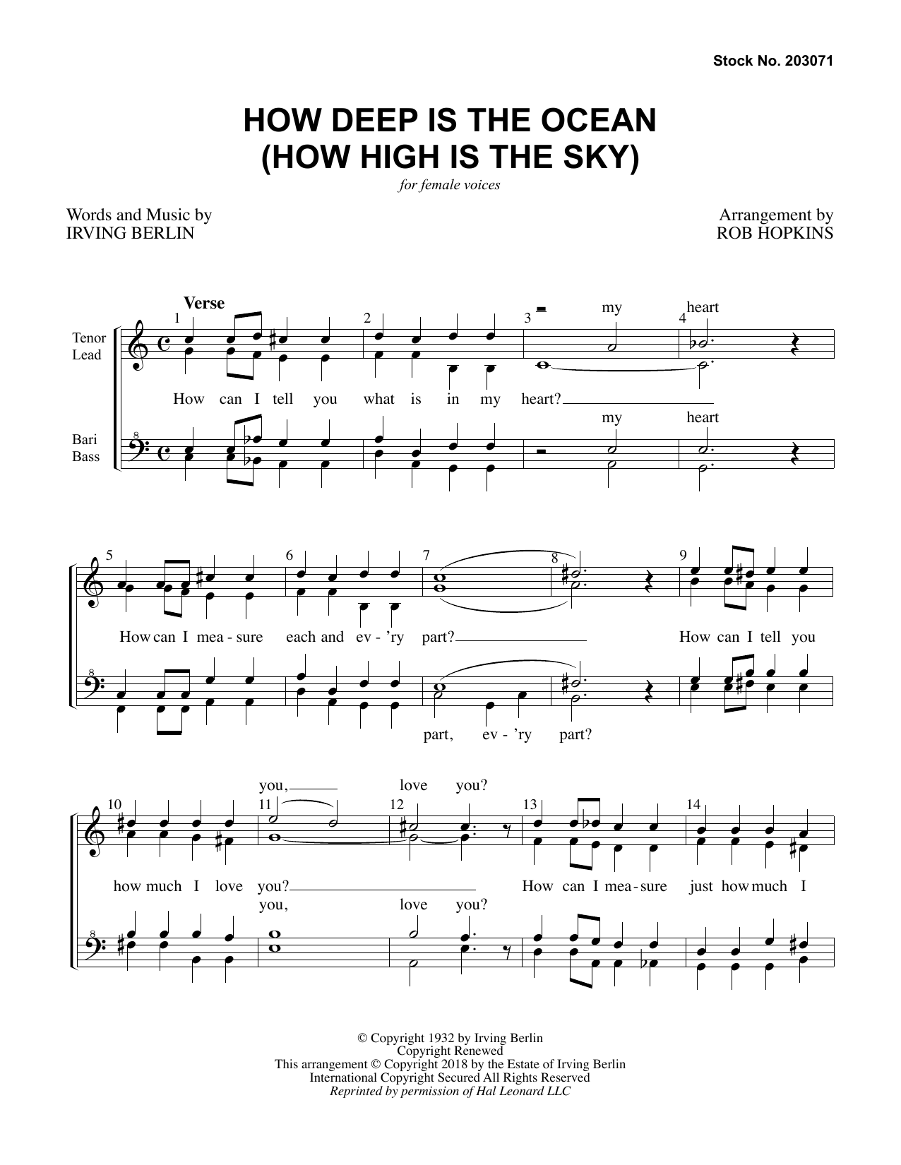 Learn to play Irving Berlin How Deep Is The Ocean (How High Is the Sky) (arr. Rob Hopkins) sheet music for TTBB Choir in minutes. Price: 3.9900$ Irving Berlin How Deep Is The Ocean (How High Is the Sky) (arr. Rob Hopkins) sheet music notes and chords arranged for TTBB Choir