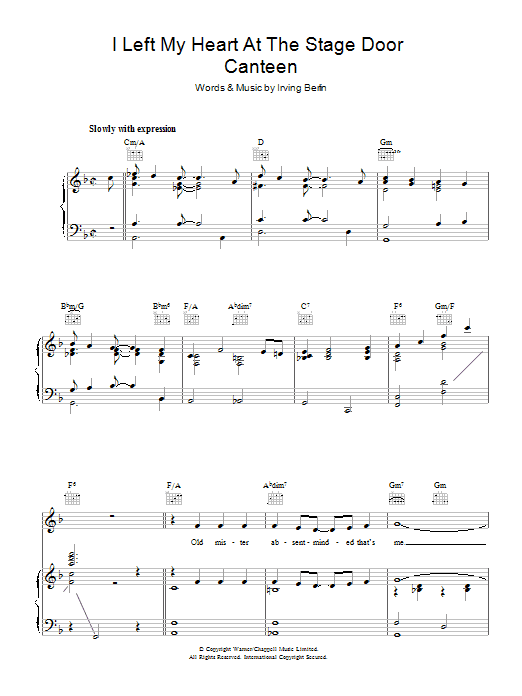 Learn to play Irving Berlin I Left My Heart At The Stage Door Canteen sheet music for Piano, Vocal & Guitar (Right-Hand Melody) in minutes. Irving Berlin I Left My Heart At The Stage Door Canteen sheet music notes and chords