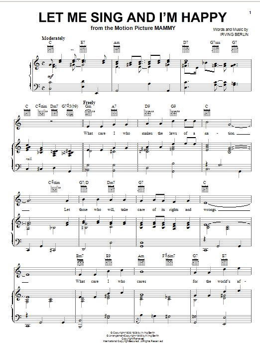Learn to play Irving Berlin Let Me Sing And I'm Happy sheet music for Easy Lead Sheet / Fake Book in minutes. Price: 5.9900$ Irving Berlin Let Me Sing And I'm Happy sheet music notes and chords arranged for Easy Lead Sheet / Fake Book