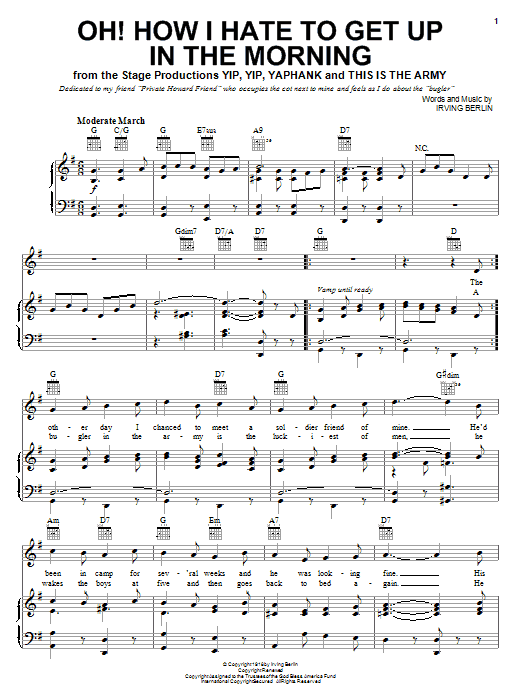 Learn to play Irving Berlin Oh! How I Hate To Get Up In The Morning sheet music for Easy Lead Sheet / Fake Book in minutes. Price: 5.9900$ Irving Berlin Oh! How I Hate To Get Up In The Morning sheet music notes and chords arranged for Easy Lead Sheet / Fake Book