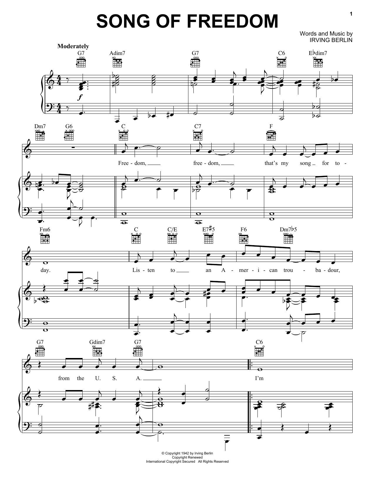 Irving Berlin Song Of Freedom sheet music notes and chords. Download Printable PDF.