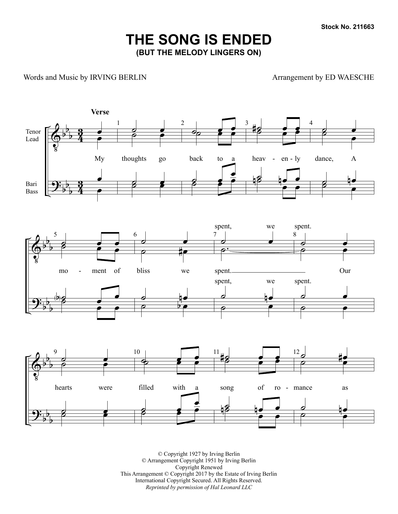 Learn to play Irving Berlin The Song Is Ended (But the Melody Lingers On) (arr. Ed Waesche) sheet music for TTBB Choir in minutes. Price: 3.9900$ Irving Berlin The Song Is Ended (But the Melody Lingers On) (arr. Ed Waesche) sheet music notes and chords arranged for TTBB Choir