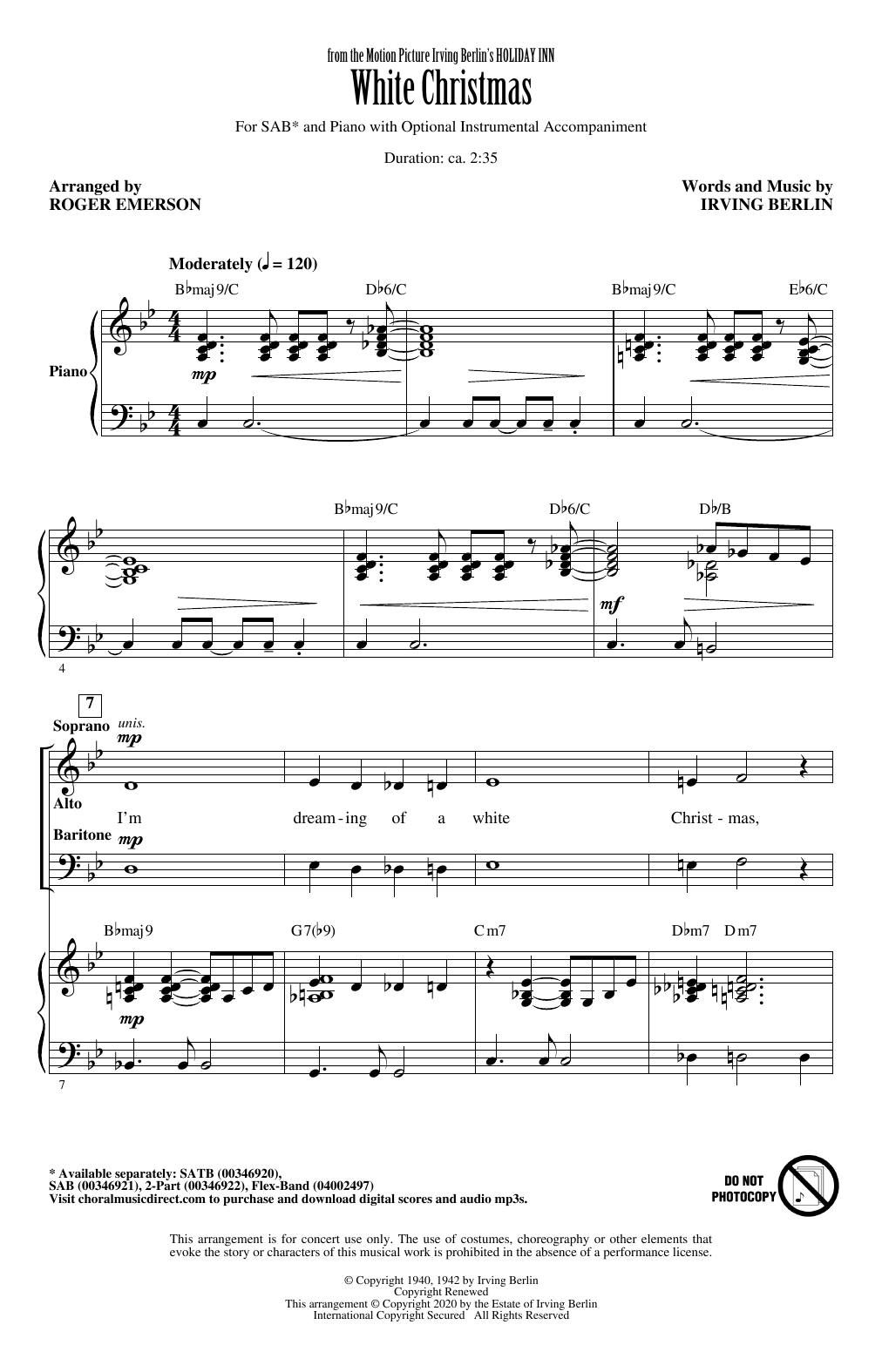 Learn to play Irving Berlin White Christmas (from Holiday Inn) (arr. Roger Emerson) sheet music for SATB Choir in minutes. Price: 3.9900$ Irving Berlin White Christmas (from Holiday Inn) (arr. Roger Emerson) sheet music notes and chords arranged for SATB Choir