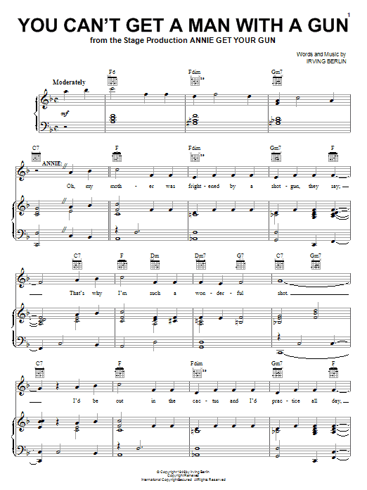 Learn to play Irving Berlin You Can't Get A Man With A Gun sheet music for Piano, Vocal & Guitar (Right-Hand Melody) in minutes. Irving Berlin You Can't Get A Man With A Gun sheet music notes and chords. Download Printable PDF.