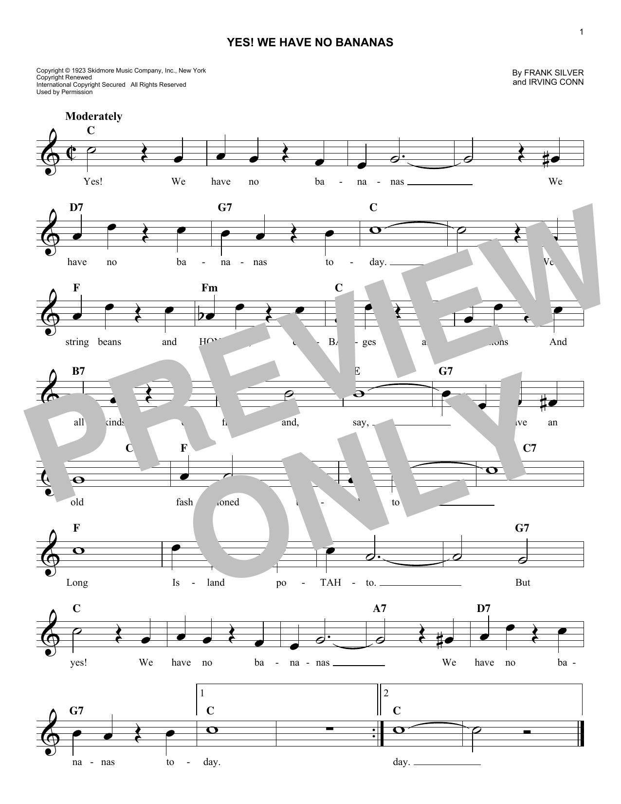 Learn to play Irving Conn Yes! We Have No Bananas sheet music for Lead Sheet / Fake Book in minutes. Irving Conn Yes! We Have No Bananas sheet music notes and chords. Download Printable PDF.