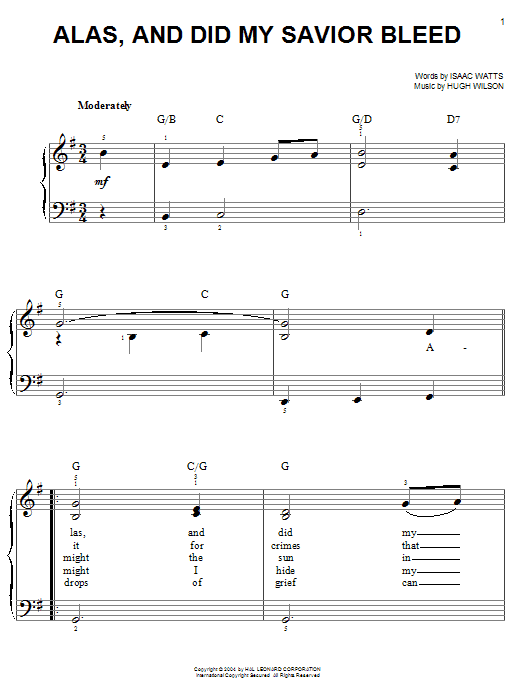 Isaac Watts Alas, And Did My Savior Bleed sheet music notes and chords. Download Printable PDF.