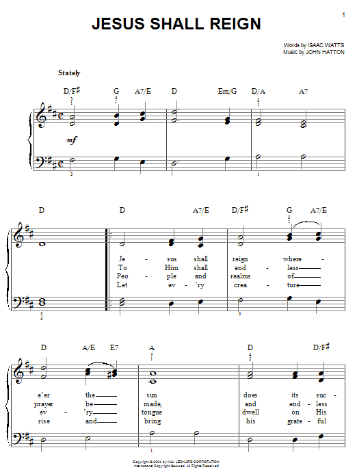 Isaac Watts Jesus Shall Reign (Where'er The Sun) sheet music notes and chords. Download Printable PDF.