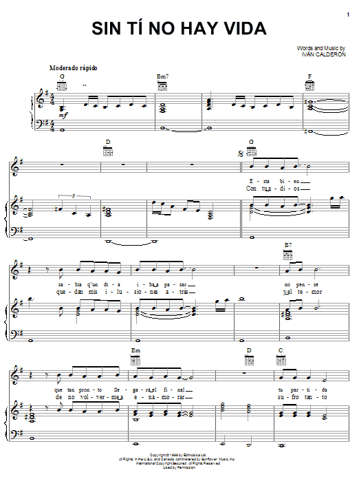 Learn to play Iván Calderón Sin Tí No Hay Vida sheet music for Piano, Vocal & Guitar (Right-Hand Melody) in minutes. Price: 7.7900$ Iván Calderón Sin Tí No Hay Vida sheet music notes and chords. Download Printable PDF.