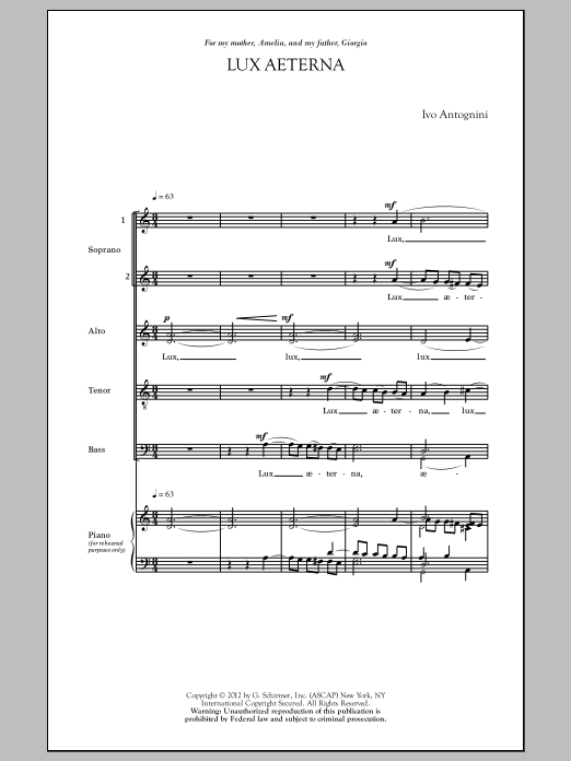 Ivo Antognini Lux Aeterna sheet music notes and chords. Download Printable PDF.