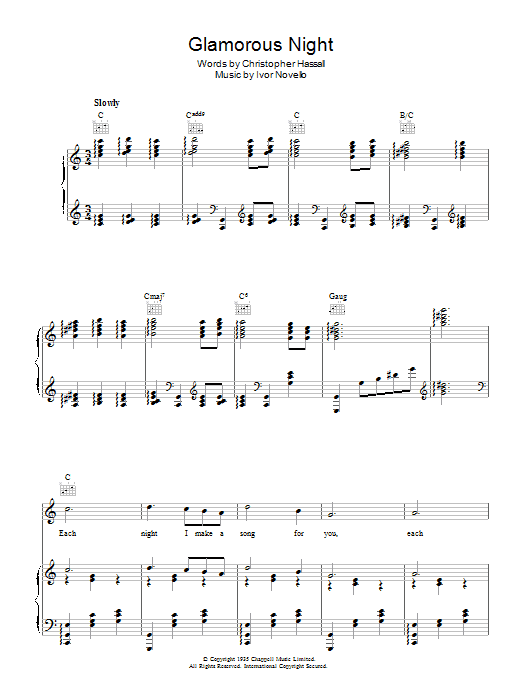 Learn to play Ivor Novello Glamorous Night sheet music for Piano, Vocal & Guitar (Right-Hand Melody) in minutes. Price: 6.9900$ Ivor Novello Glamorous Night sheet music notes and chords. Download Printable PDF.