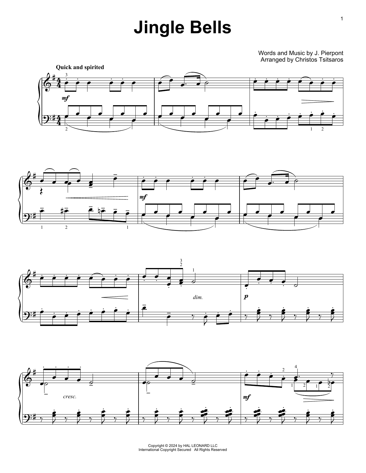 J. Pierpont Jingle Bells (arr. Christos Tsitsaros) sheet music notes and chords. Download Printable PDF.