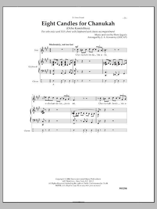 Learn to play J. A. Kawarsky Eight Candles for Chanukah sheet music for SSA Choir in minutes. Price: 3.9900$ J. A. Kawarsky Eight Candles for Chanukah sheet music notes and chords arranged for SSA Choir