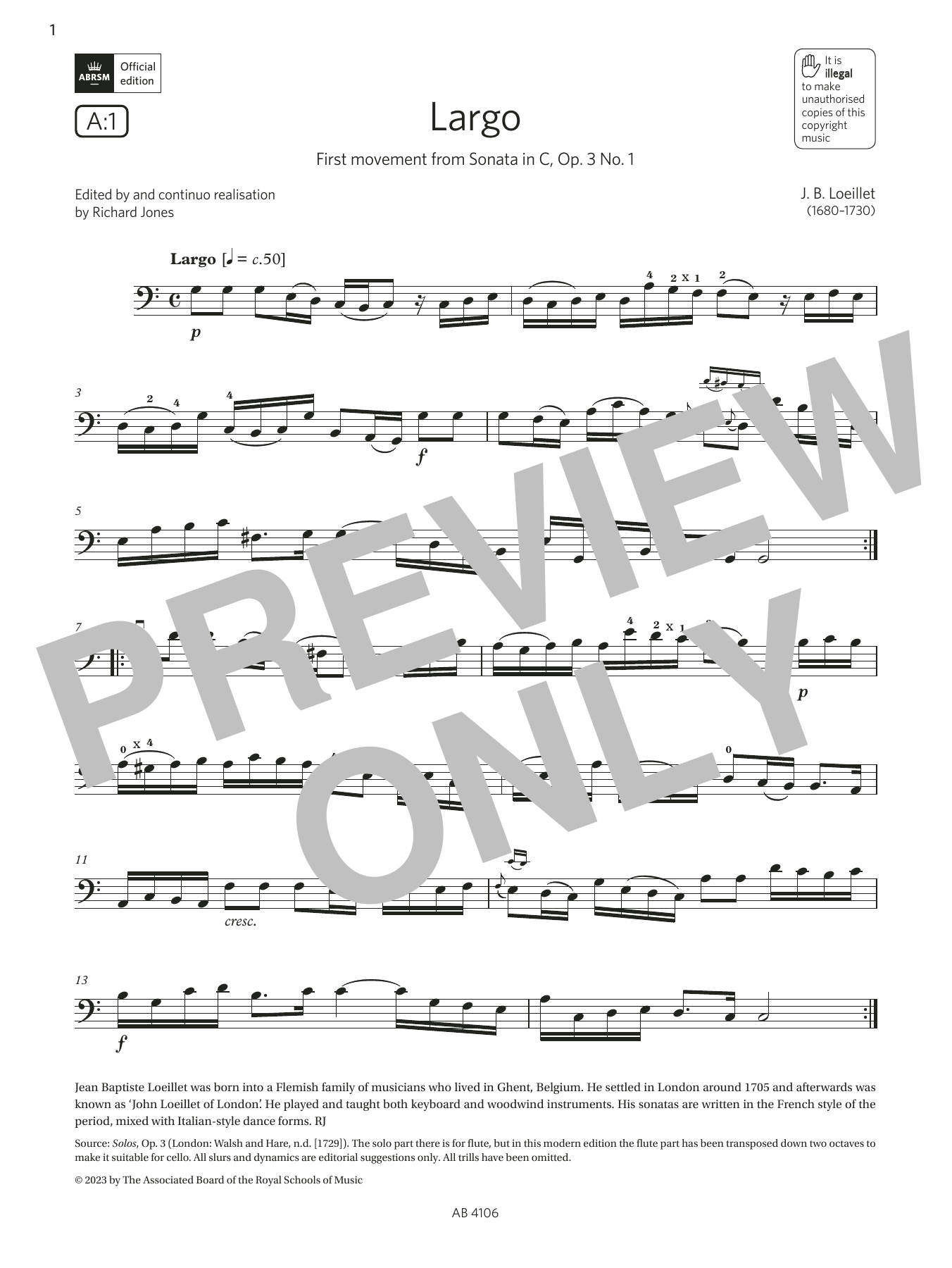 Learn to play J. B. Loeillet Largo (Grade 3, A1, from the ABRSM Cello Syllabus from 2024) sheet music for Cello Solo in minutes. Price: 4.4900$ J. B. Loeillet Largo (Grade 3, A1, from the ABRSM Cello Syllabus from 2024) sheet music notes and chords arranged for Cello Solo