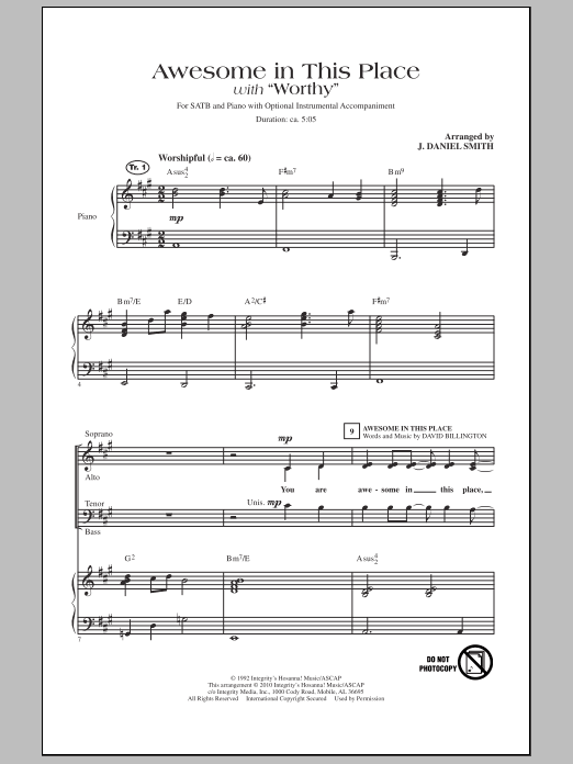 Learn to play J. Daniel Smith Awesome In This Place (with Worthy) sheet music for SATB Choir in minutes. Price: 3.9900$ J. Daniel Smith Awesome In This Place (with Worthy) sheet music notes and chords arranged for SATB Choir
