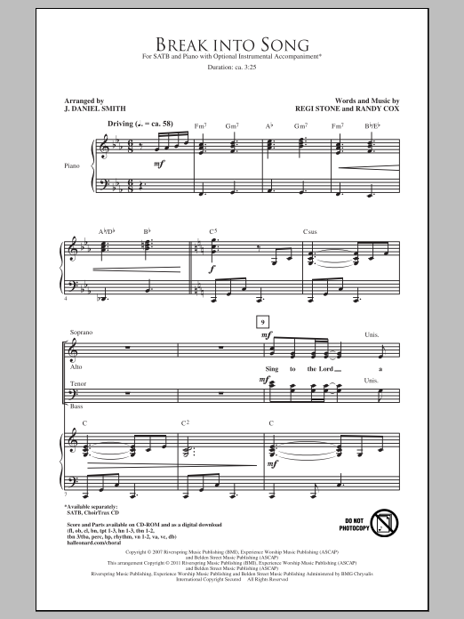 Learn to play Regi Stone Break Into Song (arr. J. Daniel Smith) sheet music for SATB Choir in minutes. Price: 3.9900$ Regi Stone Break Into Song (arr. J. Daniel Smith) sheet music notes and chords arranged for SATB Choir