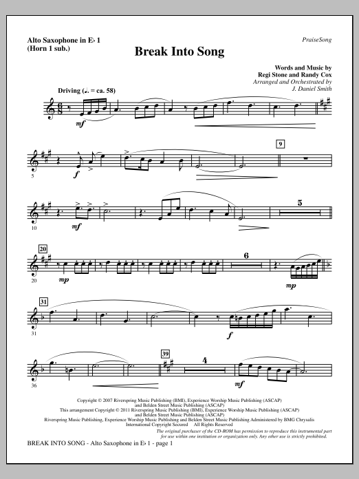 Learn to play J. Daniel Smith Break Into Song - Alto Sax 1 (sub. Horn 1) sheet music for Choir Instrumental Pak in minutes. Price: 8.9900$ J. Daniel Smith Break Into Song - Alto Sax 1 (sub. Horn 1) sheet music notes and chords arranged for Choir Instrumental Pak