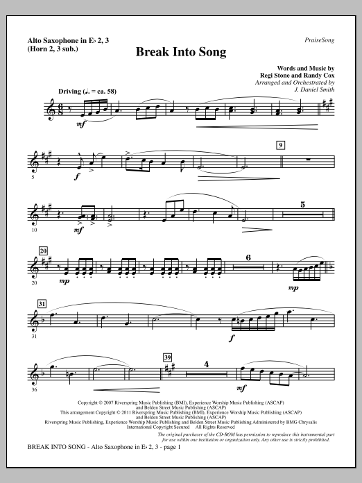 Learn to play J. Daniel Smith Break Into Song - Alto Sax 2-3 (sub. Horn 2-3) sheet music for Choir Instrumental Pak in minutes. Price: 8.9900$ J. Daniel Smith Break Into Song - Alto Sax 2-3 (sub. Horn 2-3) sheet music notes and chords arranged for Choir Instrumental Pak