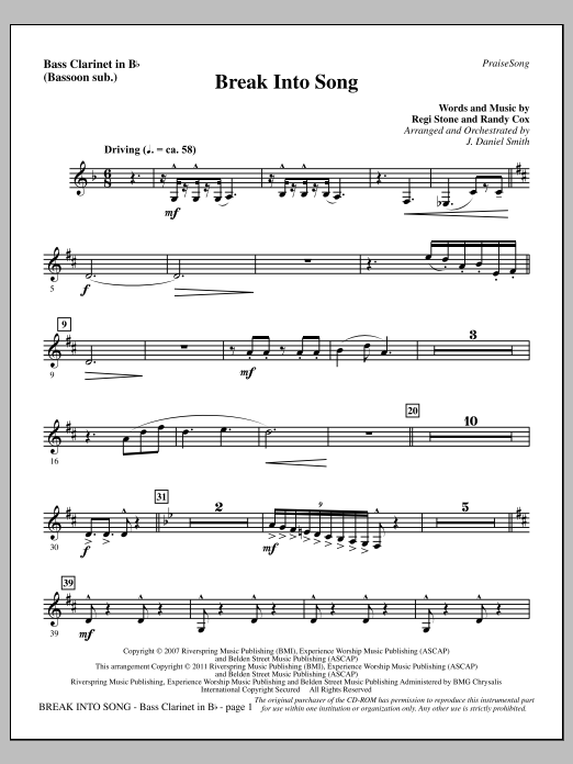 Learn to play J. Daniel Smith Break Into Song - Bass Clarinet (sub. Bassoon) sheet music for Choir Instrumental Pak in minutes. Price: 8.9900$ J. Daniel Smith Break Into Song - Bass Clarinet (sub. Bassoon) sheet music notes and chords arranged for Choir Instrumental Pak