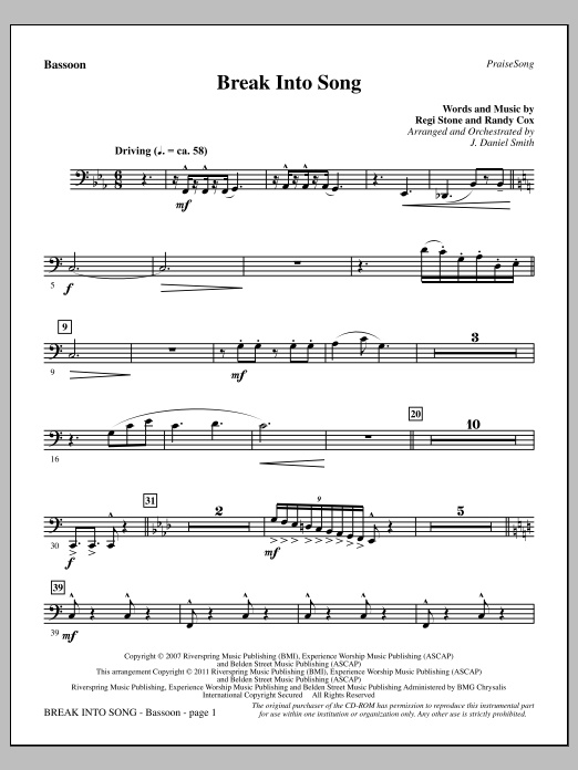 Learn to play J. Daniel Smith Break Into Song - Bassoon sheet music for Choir Instrumental Pak in minutes. Price: 8.9900$ J. Daniel Smith Break Into Song - Bassoon sheet music notes and chords arranged for Choir Instrumental Pak
