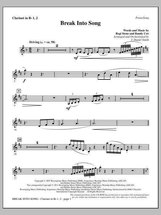 Learn to play J. Daniel Smith Break Into Song - Bb Clarinet 1 & 2 sheet music for Choir Instrumental Pak in minutes. Price: 8.9900$ J. Daniel Smith Break Into Song - Bb Clarinet 1 & 2 sheet music notes and chords arranged for Choir Instrumental Pak