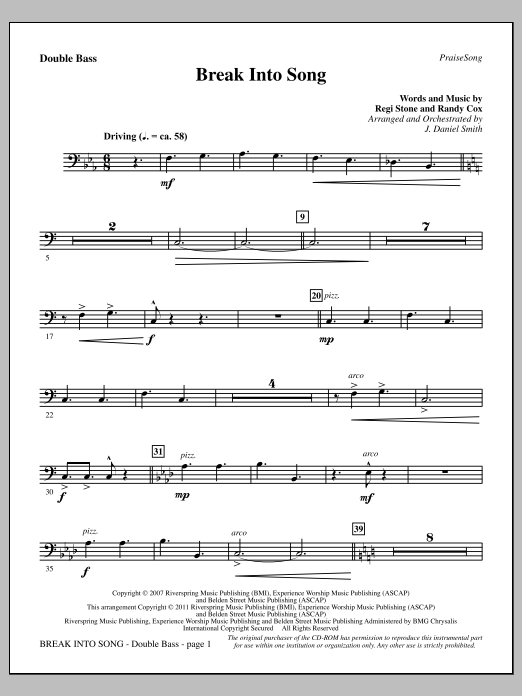 Learn to play J. Daniel Smith Break Into Song - Double Bass sheet music for Choir Instrumental Pak in minutes. Price: 8.9900$ J. Daniel Smith Break Into Song - Double Bass sheet music notes and chords arranged for Choir Instrumental Pak