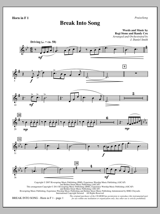 Learn to play J. Daniel Smith Break Into Song - F Horn 1 sheet music for Choir Instrumental Pak in minutes. Price: 8.9900$ J. Daniel Smith Break Into Song - F Horn 1 sheet music notes and chords arranged for Choir Instrumental Pak