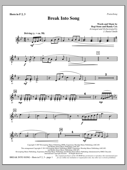 Learn to play J. Daniel Smith Break Into Song - F Horn 2,3 sheet music for Choir Instrumental Pak in minutes. Price: 8.9900$ J. Daniel Smith Break Into Song - F Horn 2,3 sheet music notes and chords arranged for Choir Instrumental Pak