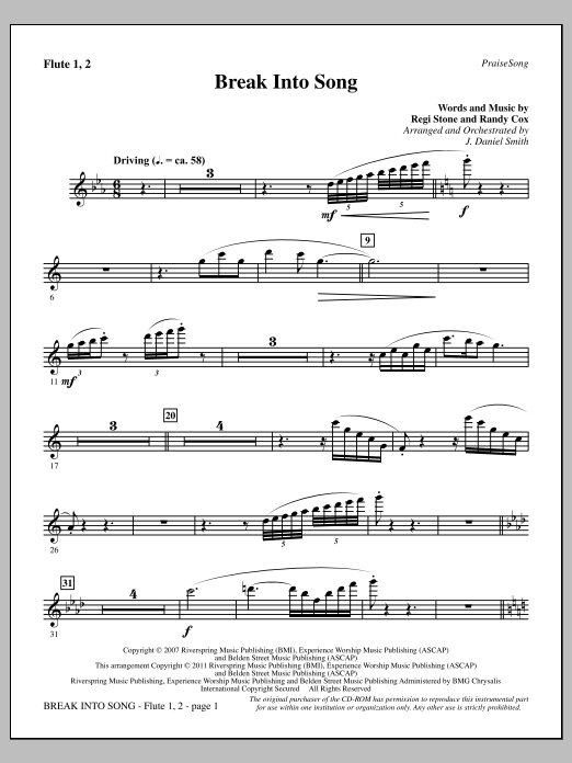 Learn to play J. Daniel Smith Break Into Song - Flute 1 & 2 sheet music for Choir Instrumental Pak in minutes. Price: 8.9900$ J. Daniel Smith Break Into Song - Flute 1 & 2 sheet music notes and chords arranged for Choir Instrumental Pak