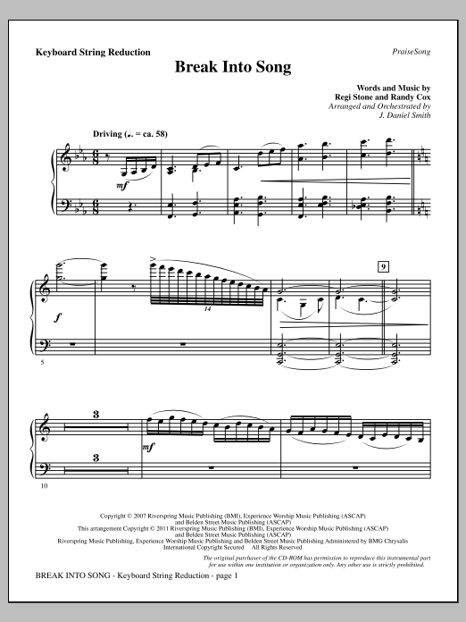 Learn to play J. Daniel Smith Break Into Song - Keyboard String Reduction sheet music for Choir Instrumental Pak in minutes. Price: 8.9900$ J. Daniel Smith Break Into Song - Keyboard String Reduction sheet music notes and chords arranged for Choir Instrumental Pak