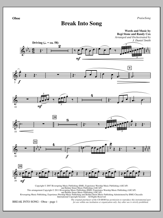 Learn to play J. Daniel Smith Break Into Song - Oboe sheet music for Choir Instrumental Pak in minutes. Price: 8.9900$ J. Daniel Smith Break Into Song - Oboe sheet music notes and chords arranged for Choir Instrumental Pak
