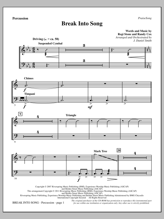 Learn to play J. Daniel Smith Break Into Song - Percussion sheet music for Choir Instrumental Pak in minutes. Price: 8.9900$ J. Daniel Smith Break Into Song - Percussion sheet music notes and chords arranged for Choir Instrumental Pak