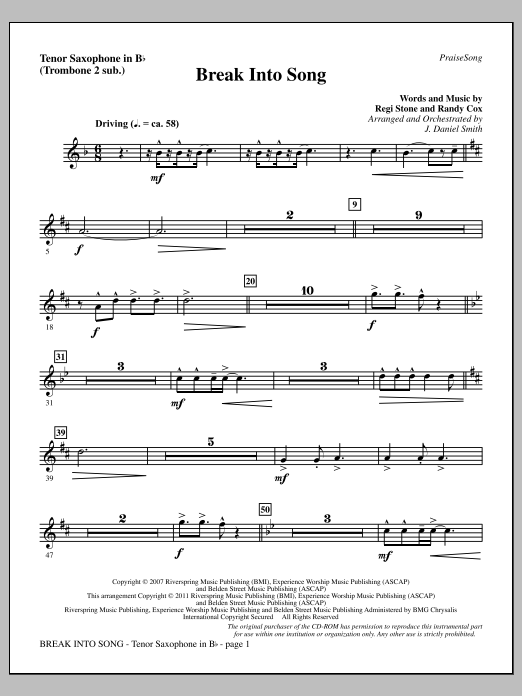 Learn to play J. Daniel Smith Break Into Song - Tenor Sax (sub. Tbn 2) sheet music for Choir Instrumental Pak in minutes. Price: 8.9900$ J. Daniel Smith Break Into Song - Tenor Sax (sub. Tbn 2) sheet music notes and chords arranged for Choir Instrumental Pak