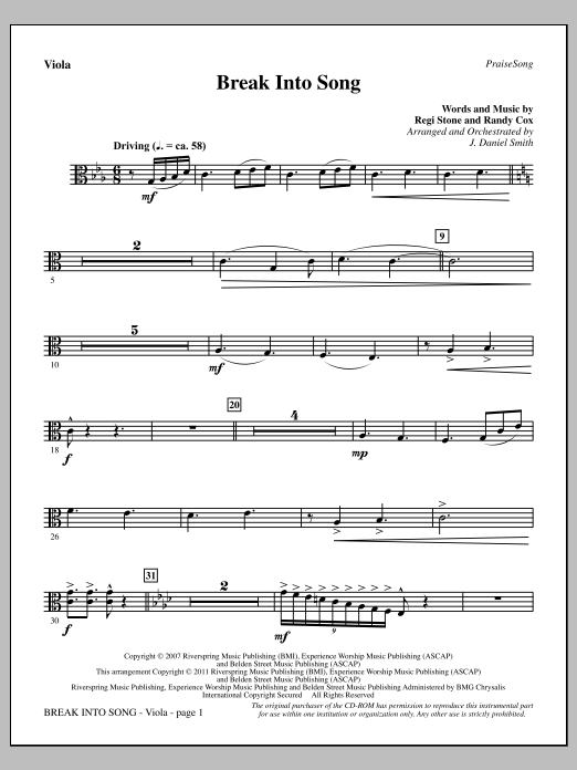Learn to play J. Daniel Smith Break Into Song - Viola sheet music for Choir Instrumental Pak in minutes. Price: 8.9900$ J. Daniel Smith Break Into Song - Viola sheet music notes and chords arranged for Choir Instrumental Pak