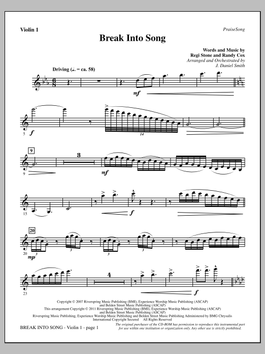 Learn to play J. Daniel Smith Break Into Song - Violin 1 sheet music for Choir Instrumental Pak in minutes. Price: 8.9900$ J. Daniel Smith Break Into Song - Violin 1 sheet music notes and chords arranged for Choir Instrumental Pak