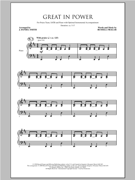 Learn to play J. Daniel Smith Great In Power sheet music for SATB Choir in minutes. Price: 3.9900$ J. Daniel Smith Great In Power sheet music notes and chords arranged for SATB Choir