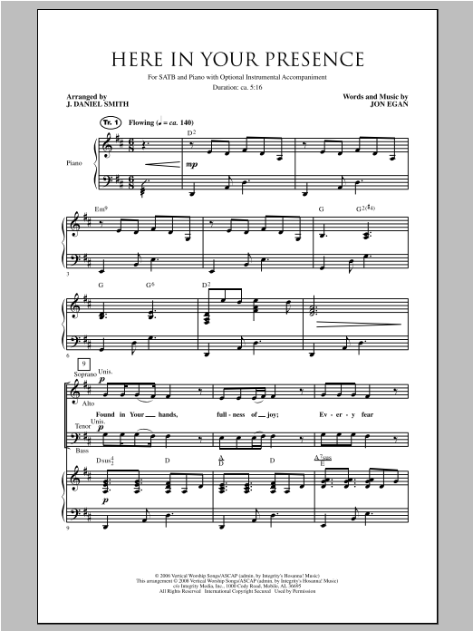 Learn to play J. Daniel Smith Here In Your Presence sheet music for SATB Choir in minutes. Price: 3.9900$ J. Daniel Smith Here In Your Presence sheet music notes and chords arranged for SATB Choir