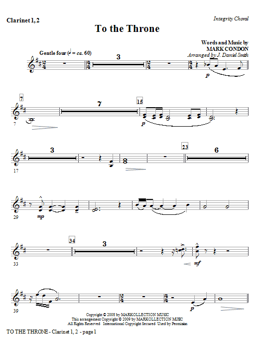 Learn to play J. Daniel Smith To The Throne - Clarinet 1 & 2 sheet music for Choir Instrumental Pak in minutes. Price: 8.9900$ J. Daniel Smith To The Throne - Clarinet 1 & 2 sheet music notes and chords arranged for Choir Instrumental Pak