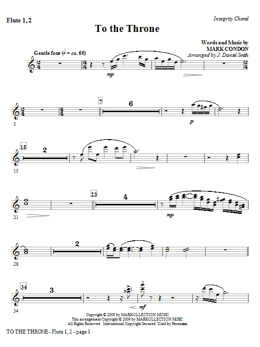 Learn to play J. Daniel Smith To The Throne - Flute 1 & 2 sheet music for Choir Instrumental Pak in minutes. Price: 8.9900$ J. Daniel Smith To The Throne - Flute 1 & 2 sheet music notes and chords arranged for Choir Instrumental Pak