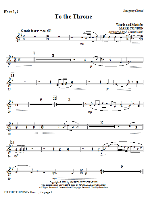 Learn to play J. Daniel Smith To The Throne - Horn 1 & 2 sheet music for Choir Instrumental Pak in minutes. Price: 8.9900$ J. Daniel Smith To The Throne - Horn 1 & 2 sheet music notes and chords arranged for Choir Instrumental Pak