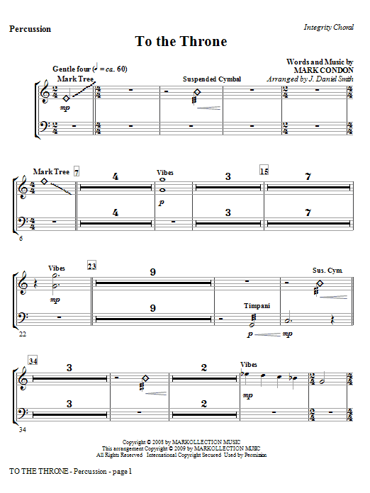 Learn to play J. Daniel Smith To The Throne - Percussion sheet music for Choir Instrumental Pak in minutes. Price: 8.9900$ J. Daniel Smith To The Throne - Percussion sheet music notes and chords arranged for Choir Instrumental Pak