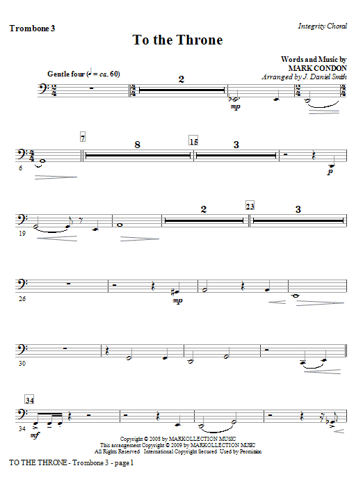 Learn to play J. Daniel Smith To The Throne - Trombone 3 sheet music for Choir Instrumental Pak in minutes. Price: 8.9900$ J. Daniel Smith To The Throne - Trombone 3 sheet music notes and chords arranged for Choir Instrumental Pak