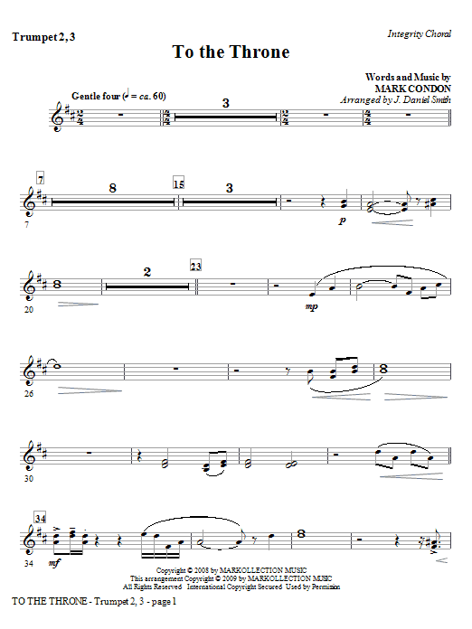 Learn to play J. Daniel Smith To The Throne - Trumpet 2 & 3 sheet music for Choir Instrumental Pak in minutes. Price: 8.9900$ J. Daniel Smith To The Throne - Trumpet 2 & 3 sheet music notes and chords arranged for Choir Instrumental Pak