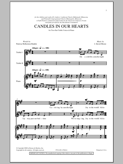Learn to play J. David Moore Candle In Our Hearts sheet music for 2-Part Choir in minutes. Price: 3.9900$ J. David Moore Candle In Our Hearts sheet music notes and chords arranged for 2-Part Choir