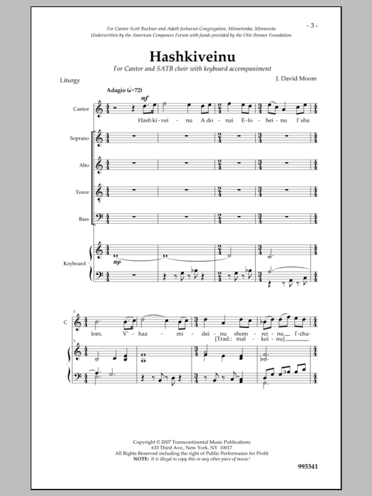 J. David Moore Hashkiveinu sheet music notes and chords. Download Printable PDF.