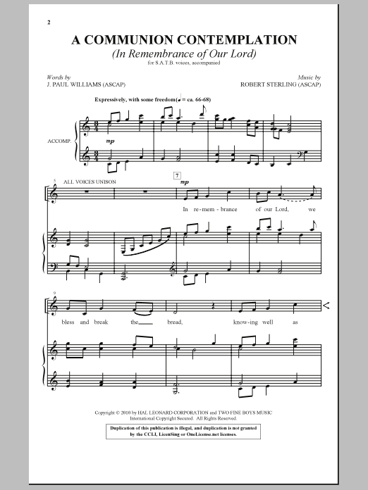 Learn to play J. Paul Williams A Communion Contemplation (In Remembrance Of Our Lord) sheet music for SATB Choir in minutes. Price: 3.9900$ J. Paul Williams A Communion Contemplation (In Remembrance Of Our Lord) sheet music notes and chords arranged for SATB Choir