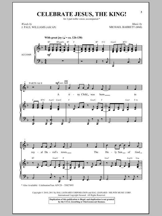 Learn to play J. Paul Williams Celebrate Jesus The King sheet music for 2-Part Choir in minutes. Price: 3.9900$ J. Paul Williams Celebrate Jesus The King sheet music notes and chords arranged for 2-Part Choir