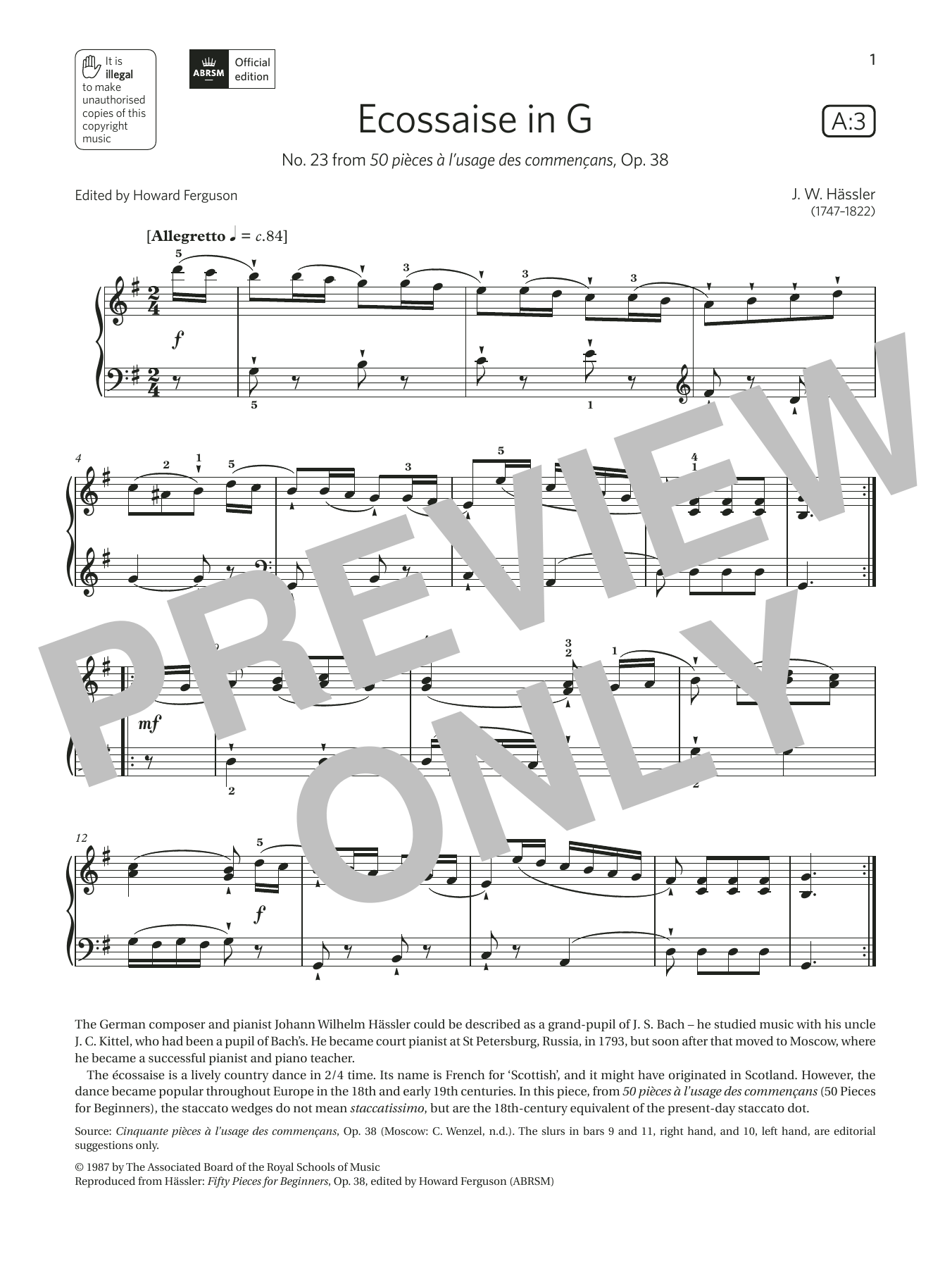 Learn to play J. W. Hässler Ecossaise in G (Grade 2, list A3, from the ABRSM Piano Syllabus 2021 & 2022) sheet music for Piano Solo in minutes. Price: 5.9900$ J. W. Hässler Ecossaise in G (Grade 2, list A3, from the ABRSM Piano Syllabus 2021 & 2022) sheet music notes and chords arranged for Piano Solo