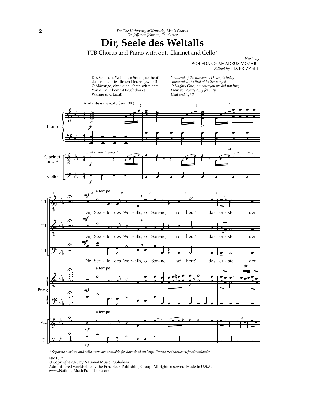 Learn to play J.D. Frizzell Dir, Seele Des Weltalls sheet music for TTB Choir in minutes. Price: 3.9900$ J.D. Frizzell Dir, Seele Des Weltalls sheet music notes and chords arranged for TTB Choir