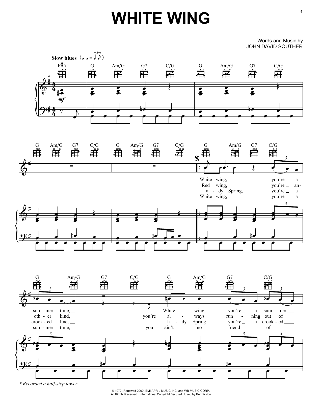 J.D. Souther White Wing sheet music notes and chords. Download Printable PDF.