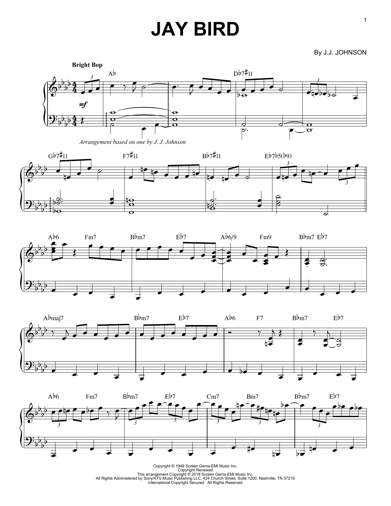 J.J. Johnson Jay Bird sheet music notes and chords. Download Printable PDF.